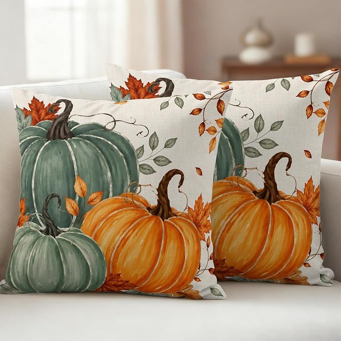 Green Orange Fall Waterproof Outdoor Pillow Covers 26''x26'' Set of 2, Maple Leaves Thanksgiving Patio Furniture Cushion Covers for Chairs,Decorative Farmhouse Beige Pillow Cases for Garden/Pool/Beach