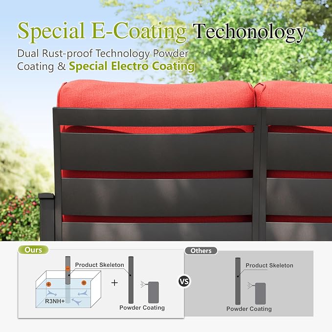 Sophia & William Patio Furniture Sets for 5 Outdoor Metal Conversation Sets 5 Pcs with 2 x Cushioned Swivel Sofa Chairs, 2 x Ottomans as Coffee Table, 1 x 3-Seat Sofa, Lawn Backyard Poolside Red