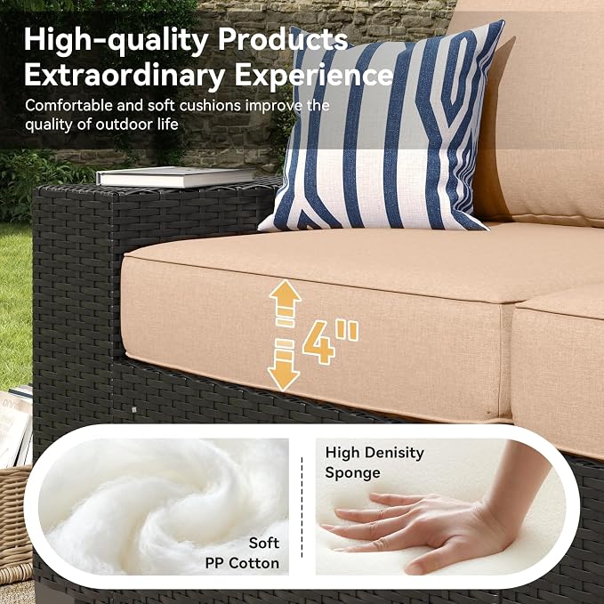 Aoxun Patio Furniture Set, 9 Pcs Outdoor Patio Furniture Sets with 4 in Thicken Cushion, Widen Armrests Wicker Outdoor Sectional for Backyard & Garden, Beige
