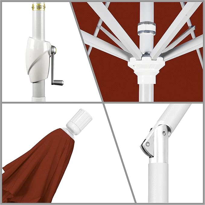 California Umbrella 9' Round Aluminum Market Umbrella, Crank Lift, Push Button Tilt, White Pole, Terracotta Olefin