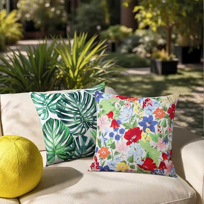 Adabana Outdoor Waterproof Floral Pillow Covers 18x18 Inch | Colorful Outdoor Pillow Covers Summer Decirative for Patio Furniture Porch Garden Pillows