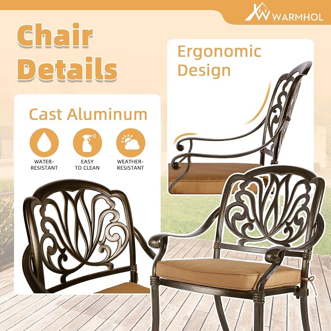 5-Piece Outdoor Patio Dining Set, All-Weather Cast Aluminum Patio Furniture Set for Backyard Garden Deck with 4 Chairs, 4 Cushions and 35.4" Round Table, 2" Umbrella Hole