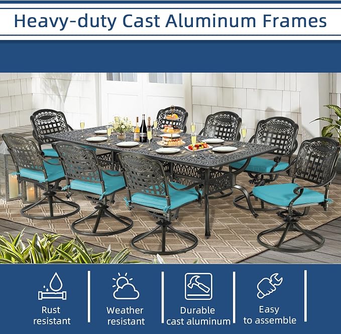 9-Piece Patio Cast Aluminum Dining Set, Outdoor Table and Chairs Set for 8, Includes 94.5" Rectangular Dining Table and 8 Swivel Rocker Chairs W/Umbrella Hole for Lawn Garden, Ocean Blue