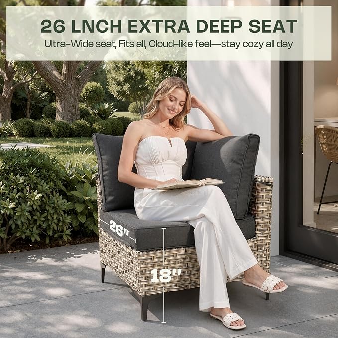 5 Piece Outdoor Sectional Patio Furniture Set with Solar Lighted Coffee Table, Modular Wicker Conversation Set with Flexible L-Shaped Layout for Porch Balcony Backyard, Black