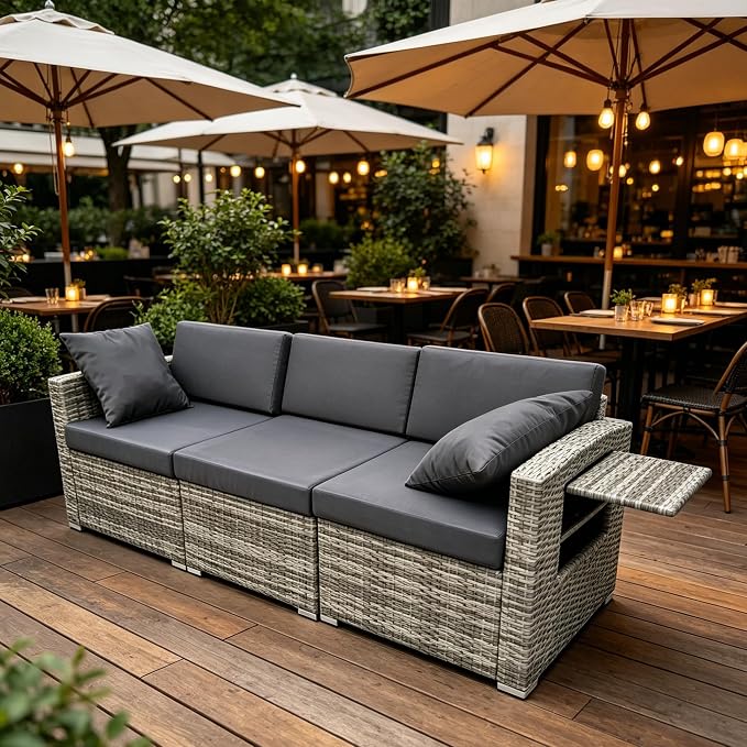 DECMICO 3 Piece Rattan Conversation Bistro Set, Outdoor Wicker Patio Furniture Set, All-Weather PE Rattan Chairs with Cushions for Backyard, Balcony, Garden, Charcoal Grey