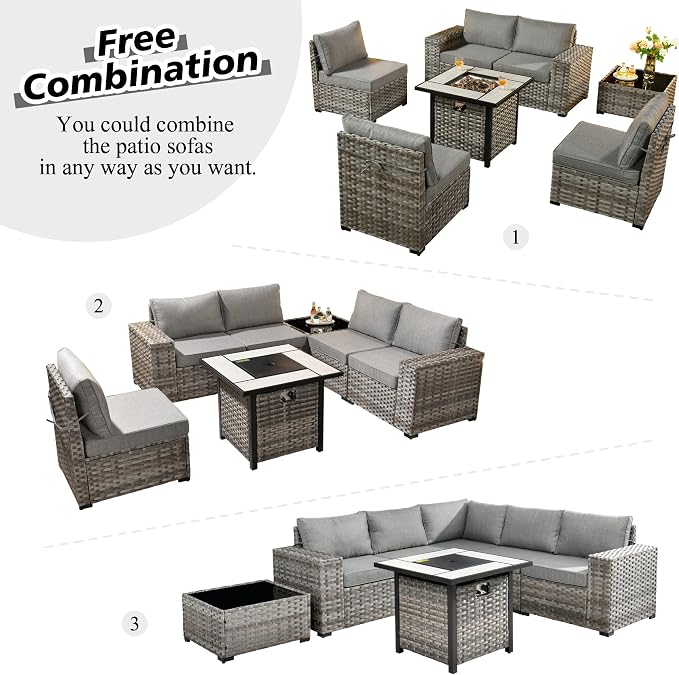 HOOOWOOO Outdoor Patio Sectional Furniture Sofa Set with Propane Gas Fire Pit Table,7 Piece Small Modern Wicker Couch with Widened Armrest,Modular Conversation Seating Set for Out Door(Dark Grey)