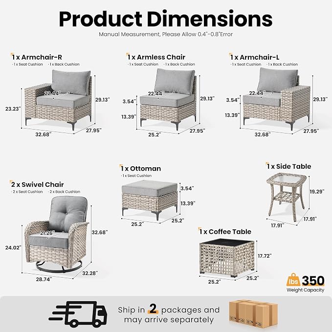 ovios 8-Piece Patio Furniture Set with L-Shape Sofa Chaise, Outdoor Sectional Couch Swivel Gliders Solar Table, Modern Modular Wicker Rattan Conversation Set, Dark Grey