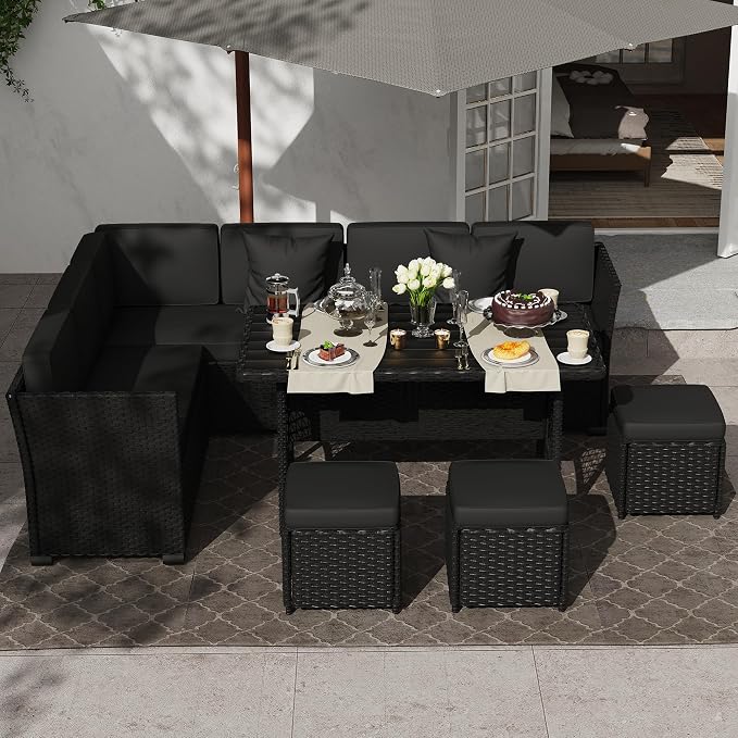 KIGOTY 7 Piece Patio Furniture Set, Outdoor PE Wicker Rattan Outdoor Dining Set, Patio Table and Chairs Set, Patio Conversation Sofa Set with Dining Table and Ottoman(Black-Black)