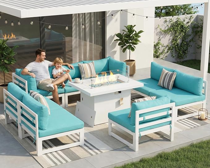 NICESOUL 9 Piece L-Shaped Contemporary Aluminum Outdoor Furniture Set with Firepit, 29" Deep Wide Large Couch Set, 500 lbs High Weight Capacity Modular Patio Sectional Sofa for Garden Terrace, Teal