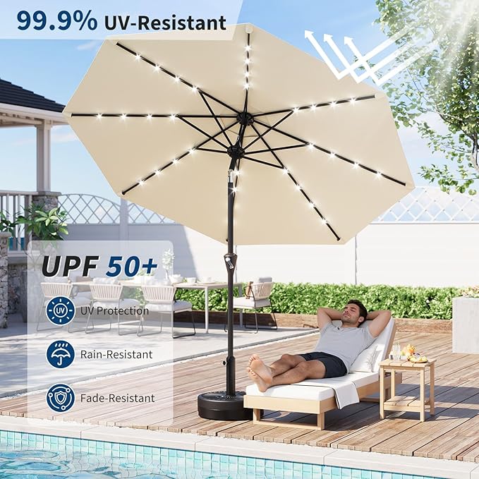 GarveeLife 9FT Patio Umbrella Outdoor, Table Umbrella with solar lights, 8 Sturdy Ribs UV Protection Waterproof for Garden, Pool, Deck (Beige)