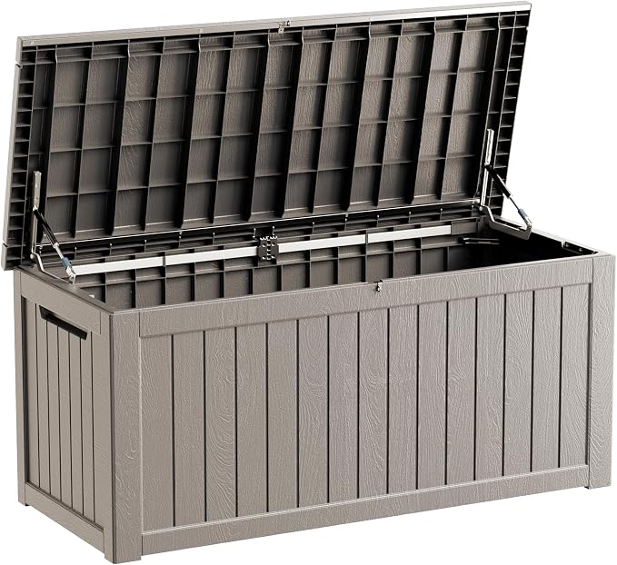 230 Gallon Outdoor Storage Box, Waterproof Resin Deck Container with Lockable Lid, Patio Organizer for Cushions & Garden Tools, Grey