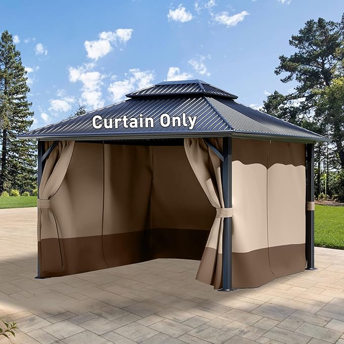 Aoodor 12x12 ft Outdoor Gazebo Curtains, 4 Panels Waterproof Privacy Sidewall Replacement with Zipper for Patio Pergola and Canopy, Sand Yellow and Brown