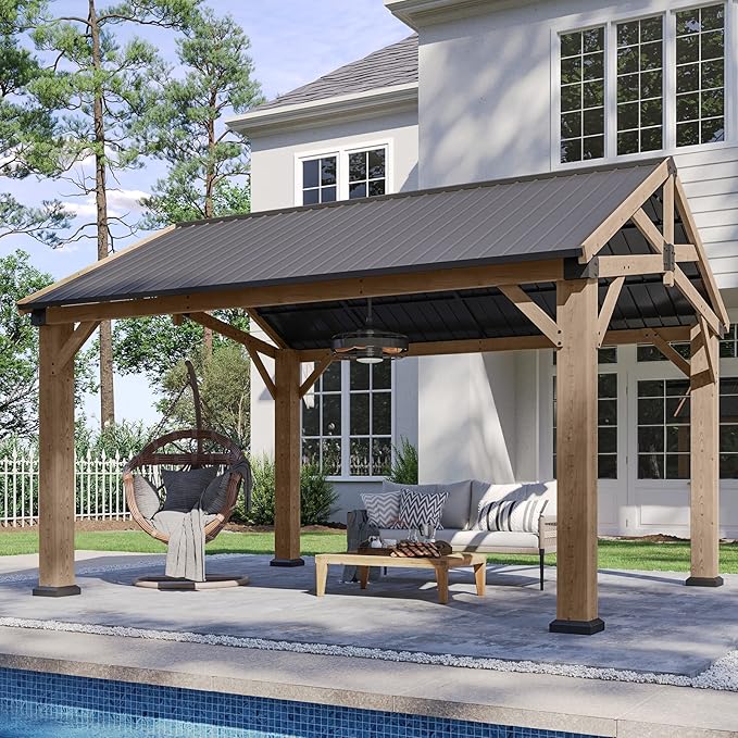 Aoxun 12' x 14' Outdoor Wood Gazebo with 20" Ceiling Fan with Light, Hardtop Gazebo Permanent Wooden Pavilion with Galvanized Steel Gable Roof, for Patio, Garden, Deck, Cedar Wood