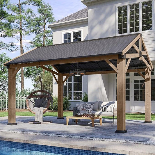 Aoxun 12' x 14' Outdoor Wood Gazebo with 20" Ceiling Fan with Light, Hardtop Gazebo Permanent Wooden Pavilion with Galvanized Steel Gable Roof, for Patio, Garden, Deck, Cedar Wood