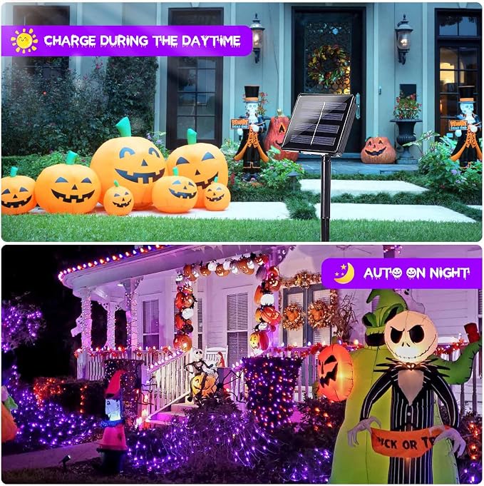 Solar Halloween Lights Outdoor 2 Pack 200 LED Solar String Lights Purple | 8 Lighting Modes, Memory Function, Auto On/Off, 66FT Waterproof Twinkle Lights for Outside Garden Party Tree Horror Decor