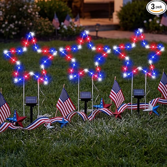 Retisee 3 Pcs 250th Anniversary 4th of July Solar Lights, 12.7 Inch Patriotic Red White Blue LED Yard Stakes, Solar Powered Garden Lawn Pathway Decor for Memorial Display, 6–8 Hour Runtime
