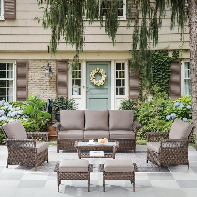 Patio Furniture Set 2 Wicker Patio Chairs 2 PE Rattan Ottomans with Grey Cushions Patio PE Rattan Sofa and Coffee Table Brown Wicker Patio Conversation Set 6pcs for Garden Backyard
