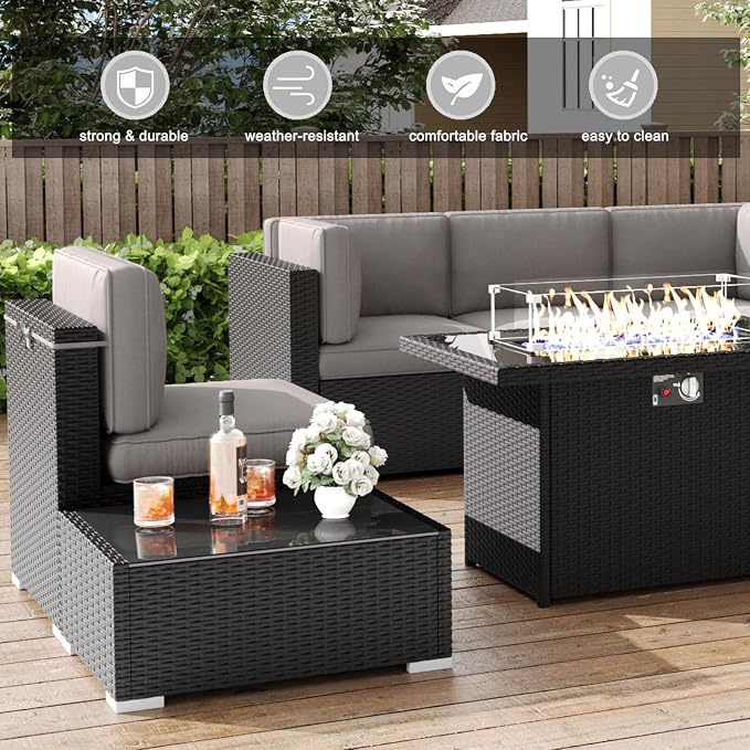 LayinSun 8 Pieces Patio Furniture Set with Fire Pit Table, Black Rattan Modular Sectional Patio Conversation Sofa Set