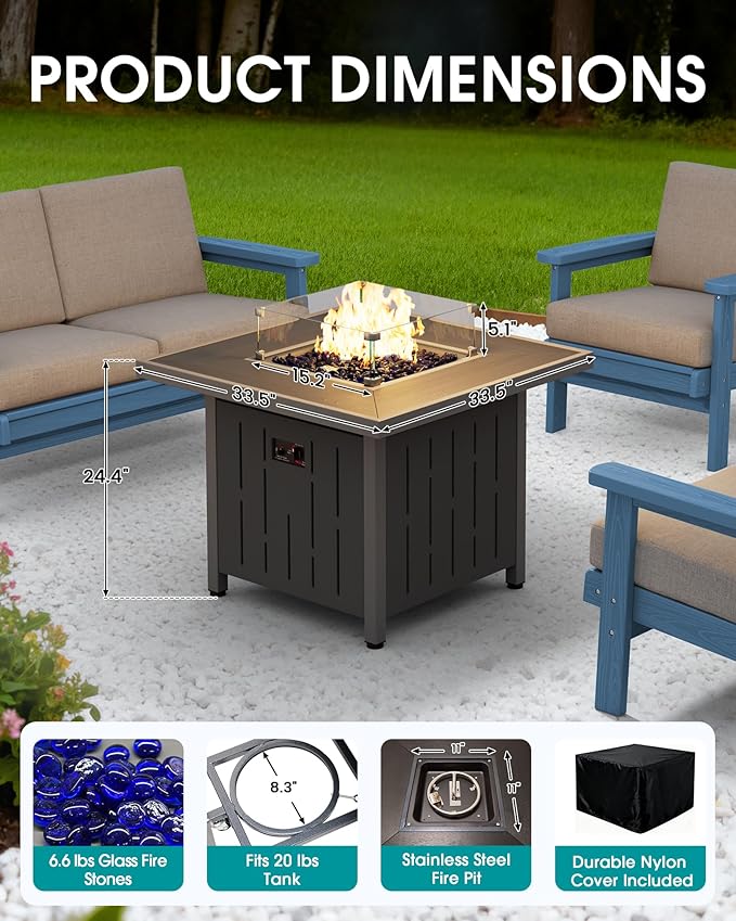 SERWALL Patio Furniture Set with 33” Fire Pit Table, HDPE Outdoor Sectional Sofa Set with Thickened Cushions, Blue Frame with Khaki Cushions