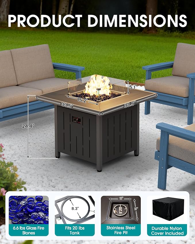 SERWALL Patio Furniture Set with 33” Fire Pit Table, HDPE Outdoor Sectional Sofa Set with Thickened Cushions, Black Frame with Grey Cushions
