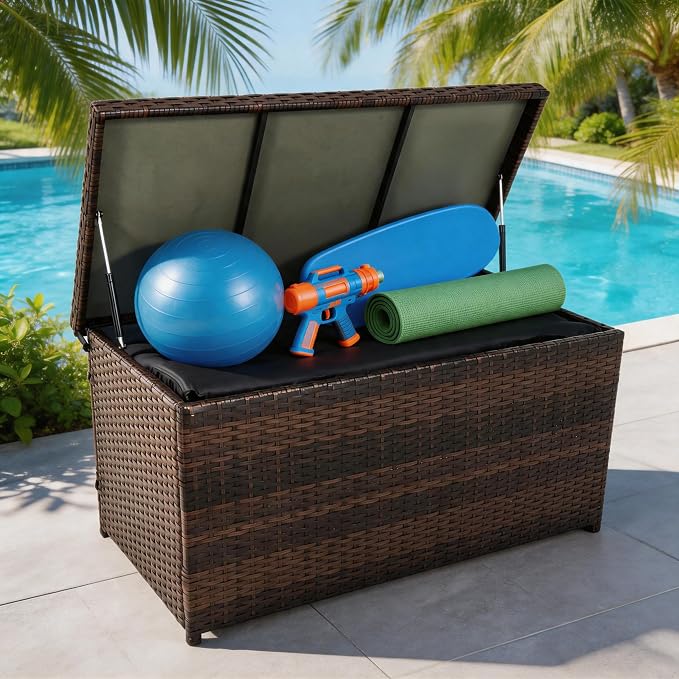 Outdoor 70 Gallon Wicker Storage Box with Waterproof Liner, Patio PE Rattan Storage Container for Outside, Deck Box with Hinged Lid for Cushions, Pillows, Towels, Horizontal Bin, Brown