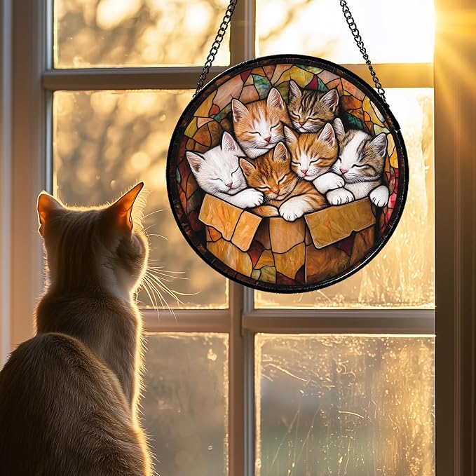 Stained Glass Window Hanging 6 Cute Kittens 6.3" - Cat Gift Suncatcher Door Sun Catcher Decor Birthday Christmas for Lost Pets Mom Men Woman Friend