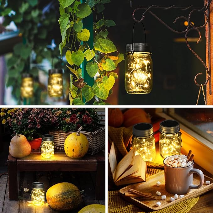 GIGALUMI Hanging Mason Jar Solar Lights, 6 Pack 30 Led Hanging Lantern | Solar Lanterns Outdoor Waterproof, Hangers and Jars Included, Outdoor Decor for Balcony, Garden, Patio, Yard, Wedding