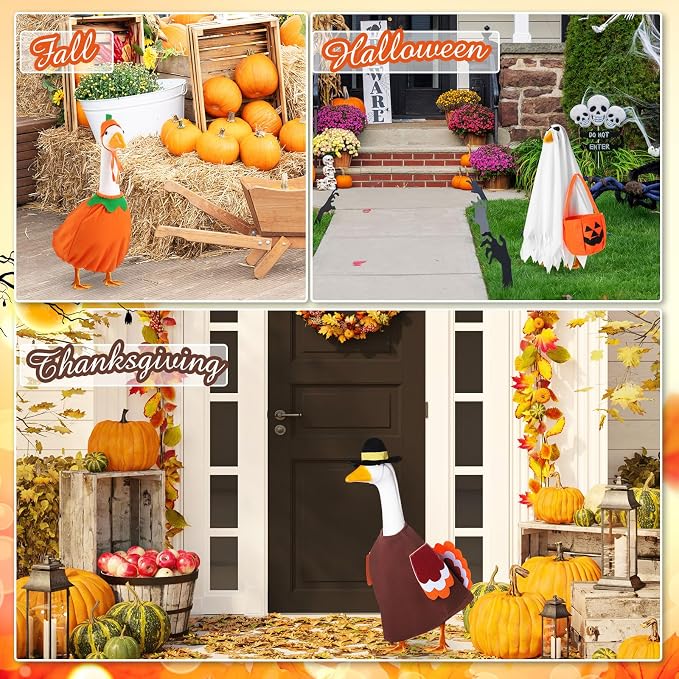 11 Set Holiday Porch Goose Outfits All Seasons Goose Clothes Umbrella Easter Statue Costume for Patio Lawn Outdoor