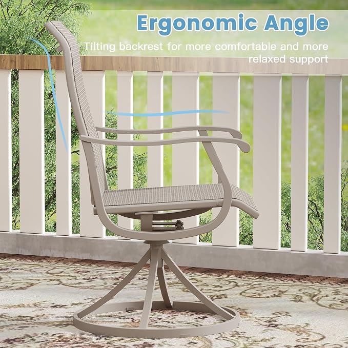 DIFY Patio Table and Chairs Set for 8, 9 Piece Outdoor Dining Set, 59.8" Grey Wood-Like Round Metal Dining Table with Umbrella Hole and 8 Sandshell Textilene Swivel Patio Chairs, for Garden Backyard