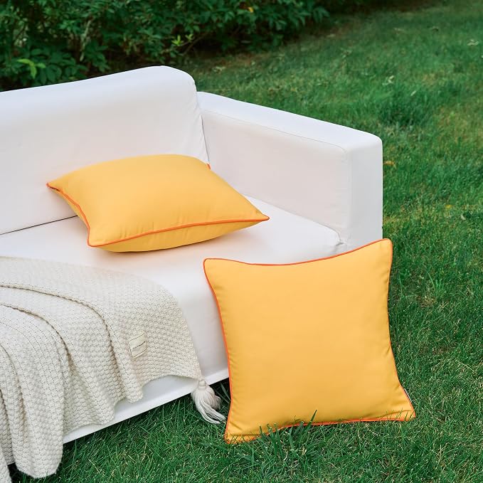 LIGICKY Pack of 2 Yellow Outdoor Waterproof Throw Pillow Covers Decorative Orange Edge Square Pillows Cushion Case Outside Pillowcase for Patio Couch Tent Sunbrella (18x18 inch)