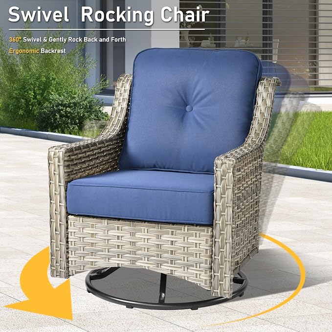 HOOOWOOO 3 Piece Patio Furniture Bistro Sets,Outdoor Wicker Swivel Rocking Chairs with Table Set,All Weather Resistant High Back Rattan Conversation Set(Navy Blue)