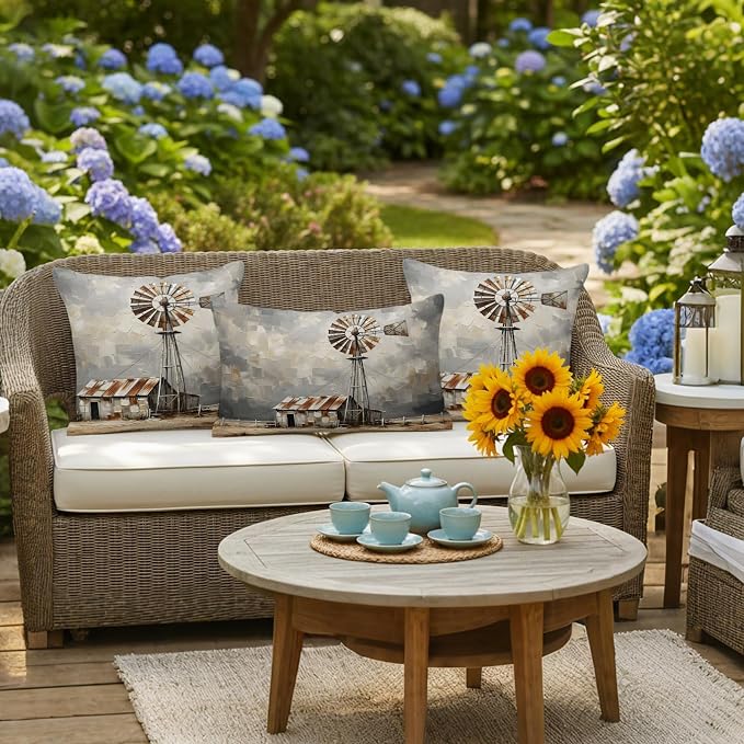 Gray Rustic Windmill Outdoor Pillow Covers 16"x16" Set of 2, Farmhouse Country Barn Oil Painting Waterproof Throw Pillow Covers for Patio Furniture, Decorative Cushion Covers for Porch