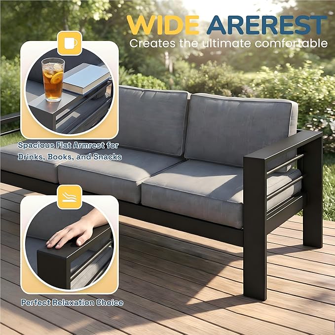 Solaste Aluminum Patio Furniture Set for All Weather, Oversized Metal Outdoor Furniture with 27.5" Deep Seating and 3.2" Wide Armrest, Patio Conversation Set with 10’’ Back Cushion, Black and Grey