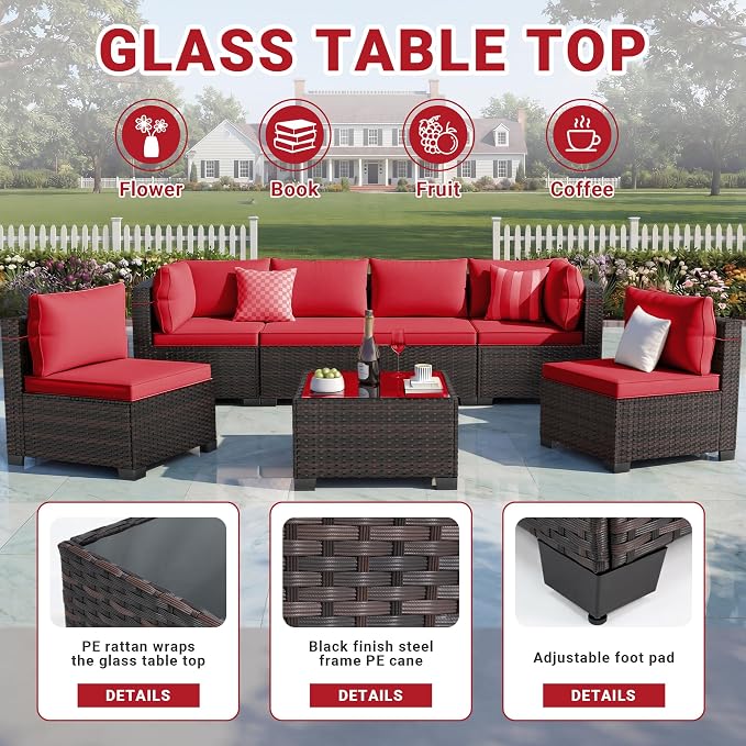 LEVELEVE 7-Piece Outdoor Patio Furniture Sets, Manual Weaving Rattan Conversation Sectional Sofa with Tempered Glass Coffee Table, All-Weather PE Wicker & Thick Cushions for Garden, Backyard, Porch