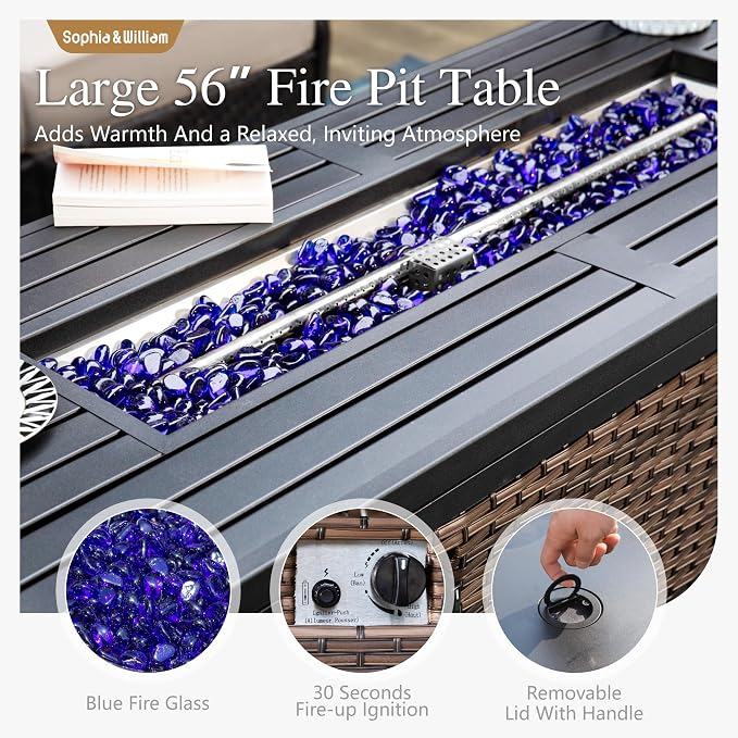 Sophia & William Patio Furniture Set with Fire Pit Table, 5 PCS Metal Outdoor Conversation Set with Fire Pit Table, 2 Sofa Chairs,1 Loveseat, 3-Seater Couch for Outdoor Seating, Backyard, Porch(Blue)