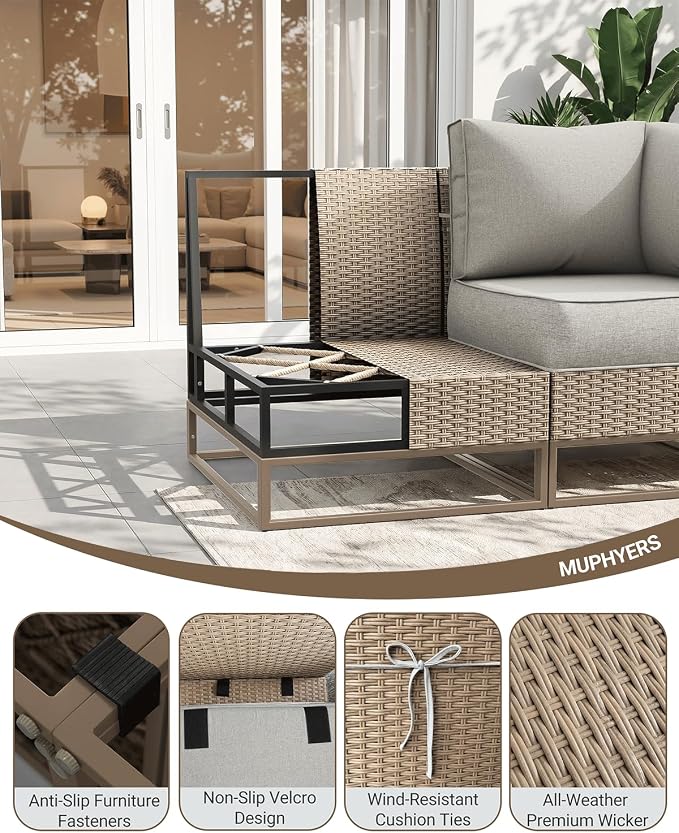 Outdoor Patio Furniture Set 12-Piece PE Rattan Wicker Outdoor Sectional Sofa with Thickened Cushions and Chunky Arms, Modern Modular L-Shaped Conversation Set for Garden, Backyard, Greige