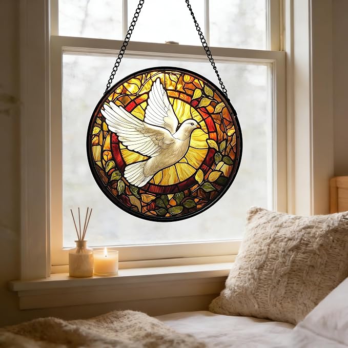 DASTOLL Stained Glass Window Hanging, Flying White Dove Sun Catchers Diamond Glass Panel Hangings Cute Birds Suncatcher Decor for Birthday for Women, Men, Wife, Aunt,and Mom 7.8X7.8IN