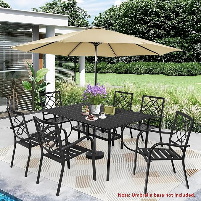 7 Piece Outdoor Patio Dining Set with Umbrella, Patio Metal Furniture Set Outdoor Rectangular Dining Table with 9 FT Patio Umbrella & Stackable Backyard Garden Chairs