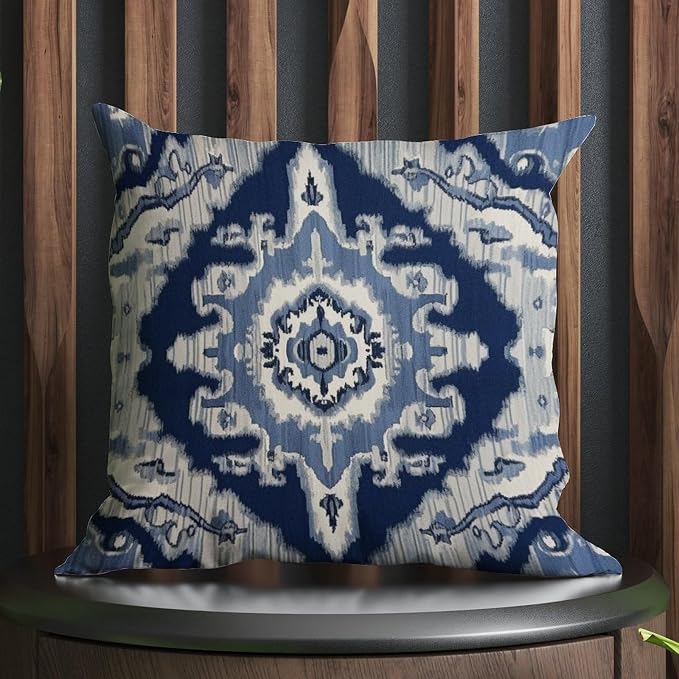 Throw Pillow Covers Blue Grey Medallion Ikat Pillows Abstract Solid Navy White Pillow Cover Accent Decorative Cushion Covers Home Decor for Patio Garden Sofa Chairs 24x24 in