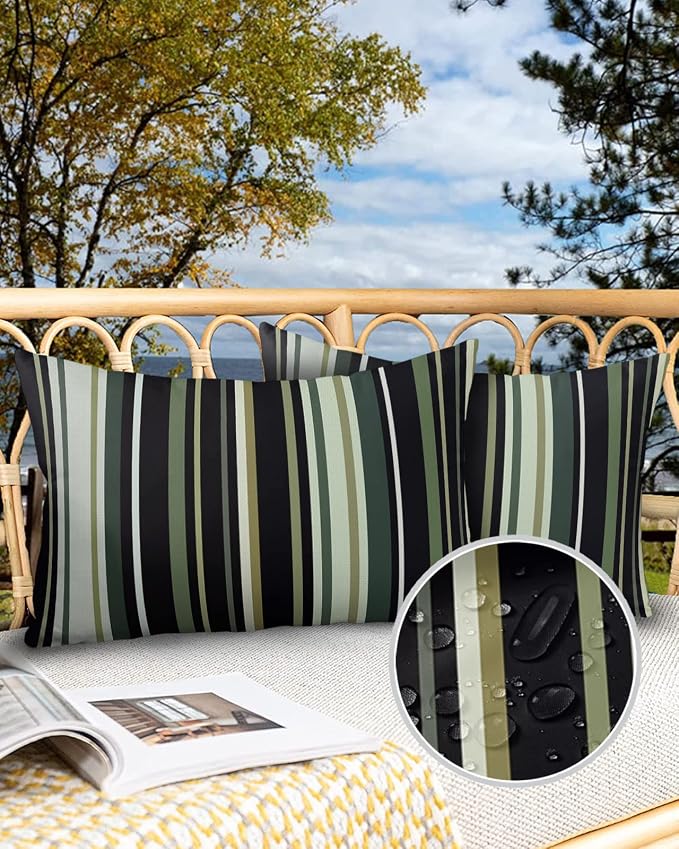 Outdoor Waterproof Pillow Covers for Patio Simple Stripe Decorative Throw Pillow Cover Black And Green Geometric Pattern Pillowcases Set of 2 Cushion Case for Sofa Couch Chair Home Decor 20x12 inch