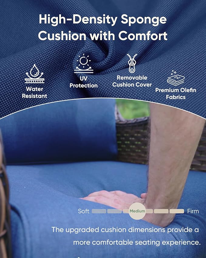 HUMMUH Outdoor Swivel Rocker Wicker Patio Chairs, Set of 2, Grey and Blue | 360° swivel and rocking motion, 5 in polyester cushions, wicker construction, for porch, balcony, deck, and patio