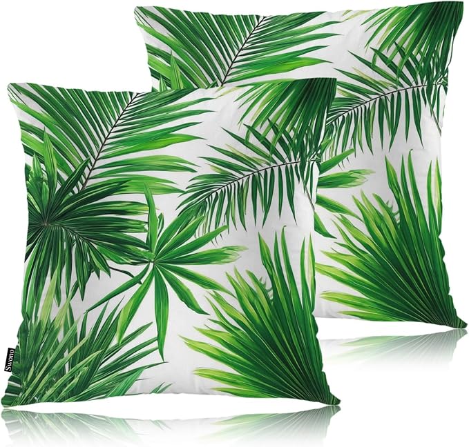 Swono Palm Leaves 2Pcs Throw Pillow Covers for Men Women, Tropical Palm Leaf Jungle Tree Bedding Throw Pillowcase 18 X 18 Inch, Decorative Pillow Cushion Cover for Couch Sofa Bed Home