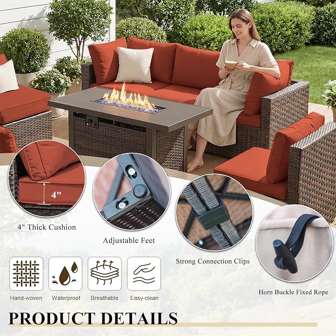 15 Piece Patio Furniture Set with Fire Pit Table, Outdoor Sectional Sofa PE Rattan, Patio Conversation Sets with Cushions for Garden Lawn Balcony Porch Deck Red