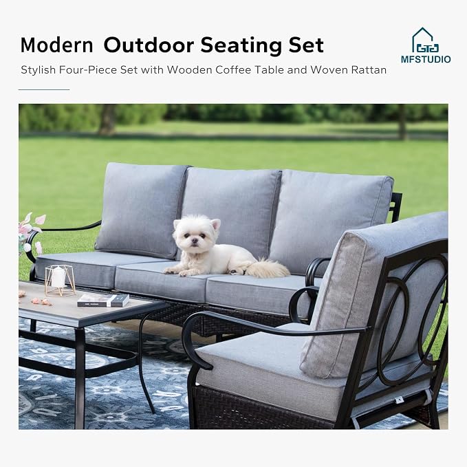 MFSTUDIO 4 Pieces Outdoor Patio Furniture Set, Metal Outdoor Conversation Set, Rattan Wicker Patio Sectional Sofa Set with 2 x Fixed Single Sofa, 3-Seat Sofa, 1 x Coffee Table, Grey