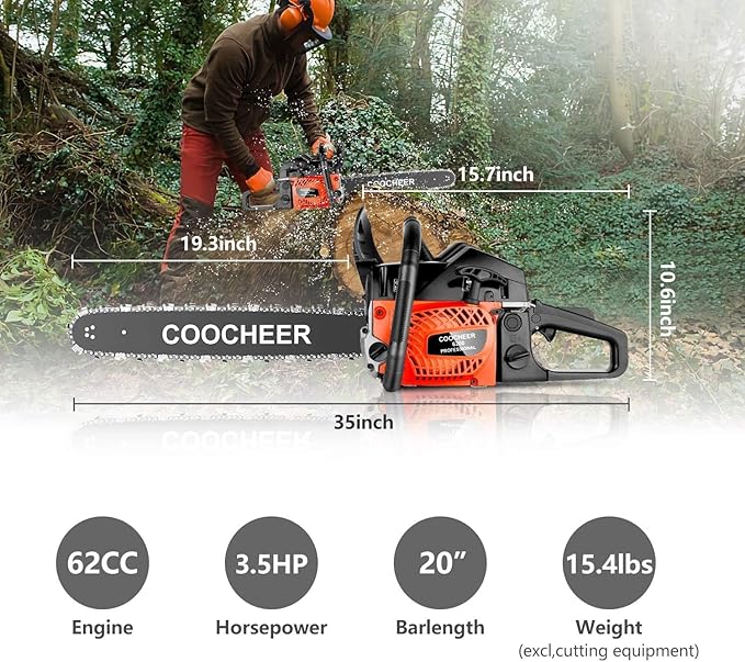 COOCHEER 62CC Gas Chainsaw, 20 Inch Professional Chainsaw with 3.5HP 2-Cycle Engine & Carrying Case, Quick Start System for Tree Cutting, Firewood, Yard Work (Orange Red)