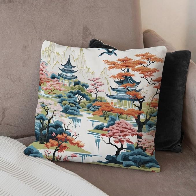 Chinoiserie Pagoda White Coral Blue Cushion Cases Chinoiserie Chic Asian Throw Pillow Cover Abstract Outdoor Waterproof Decorative Pillow Cover for Patio Furniture Garden 22x22 in