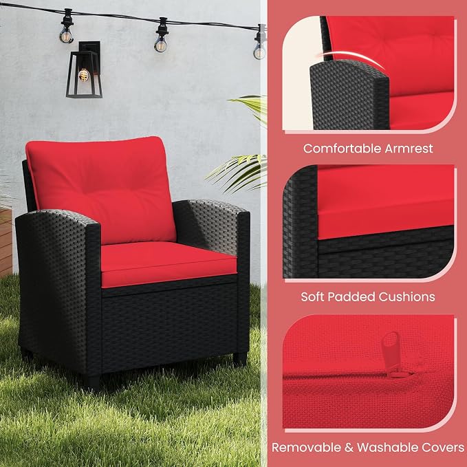 ORALNER 3 Pieces Patio Furniture Set, Wicker Conversation Set Outdoor Chairs with Cushions, Glass Coffee Table, Rattan Bistro Set for Front Porch Balcony Garden Deck Poolside (Red)