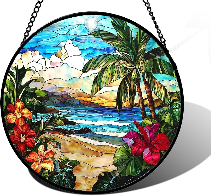 DASTOLL Stained Glass Window Hanging, Blue Beach Scenery Suncatcher Diamond Glass Panel Hangings Sun Catchers Decor for Birthday for Women, Men, Wife, Aunt, and Mom 7.8 in
