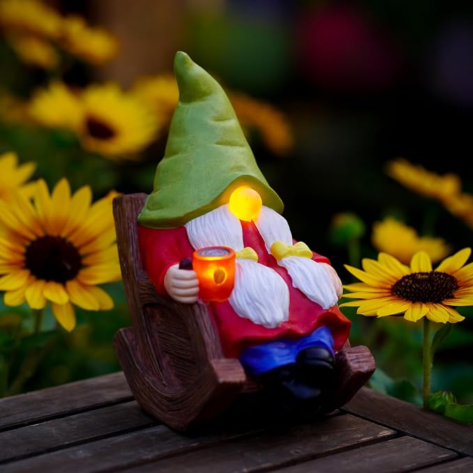 Solar Powered Relax Garden Gnome Statue, Rocking Chair Gnome 6.5“ with Glowing LED Nose & Coffee Cup, Hand Painted Resin Outdoor Indoor Decor Ornament for Patio Lawn Yard Home, Calming Novelty Gift