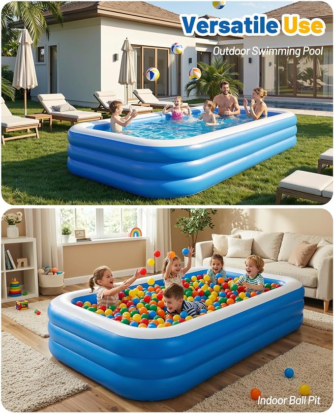 HeySplash Inflatable Pool with Canopy, Large Inflatable Swimming Pool for Adults & Kids, Blow Up Pool Thickened Family Pool for Outdoor Backyard Garden Party Summer Fun, 118" x 69" x 24"(Blue)